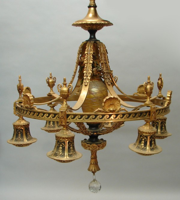 Appraisal: Lamp features iridescent glass center with six lights on a