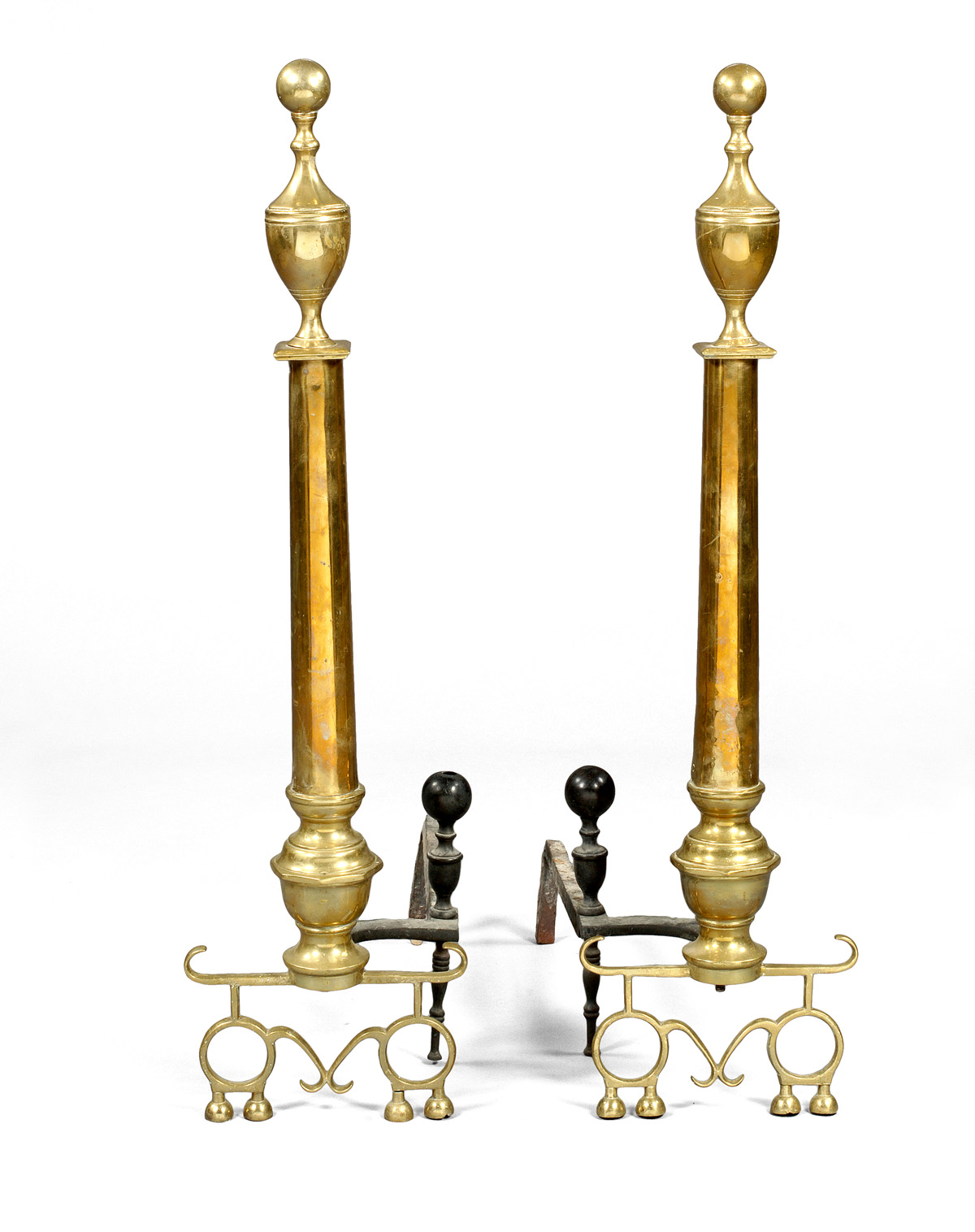 Appraisal: PAIR OF FEDERAL STYLE BRASS ANDIRONS AND SET OF THREE