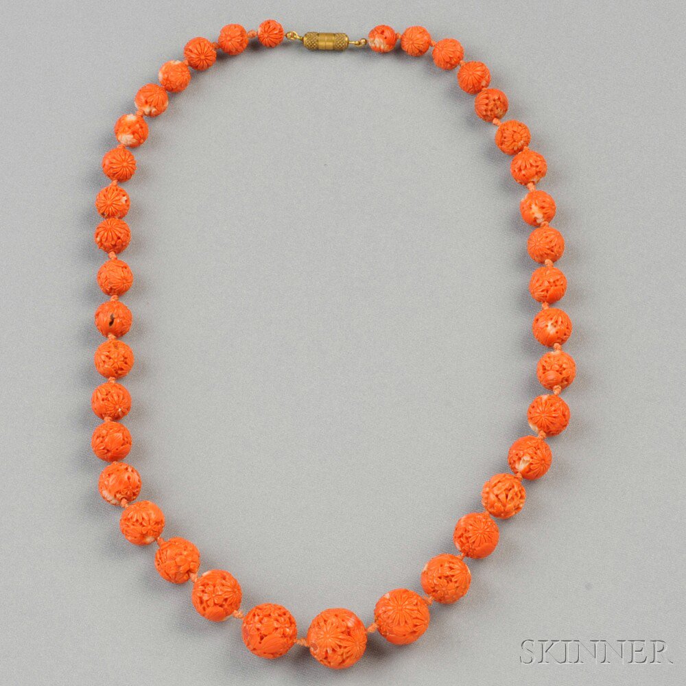 Appraisal: Antique Chinese Carved Coral Bead Necklace composed of thirty-eight coral