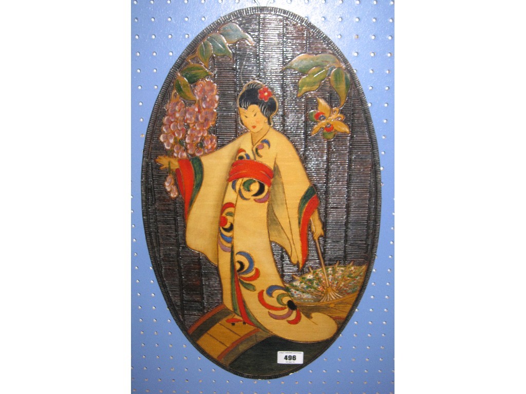 Appraisal: Lot comprising an oriental pokerwork plaque of a Geisha and