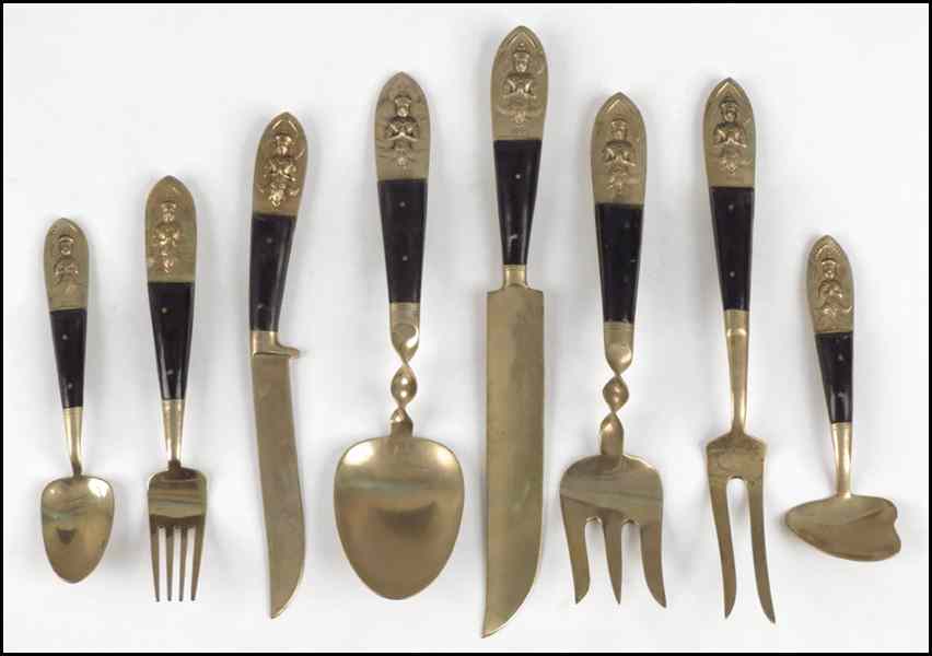 Appraisal: SIAMESE BRASS AND WOOD FLATWARE SERVICE Comprised of eight forks