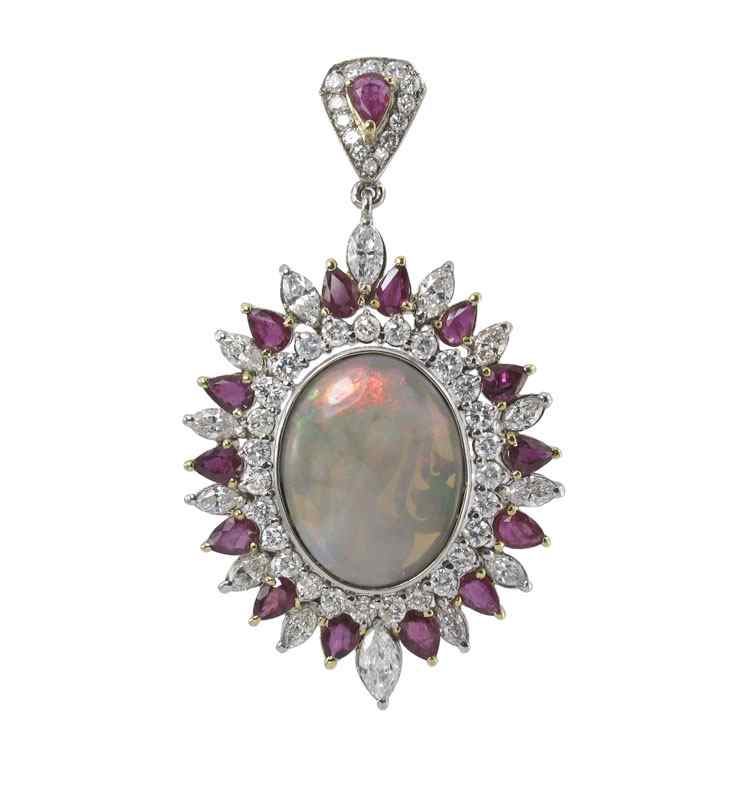 Appraisal: FABULOUS OPAL DIAMOND AND RUBY GOLD PENDANT K white and