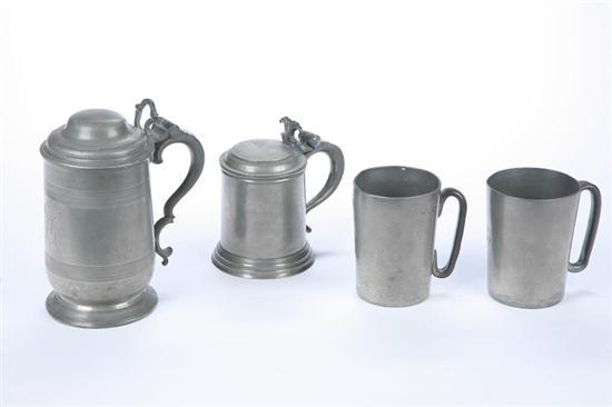 Appraisal: FOUR PEWTER DRINKING VESSELS English th century Two pint mugs