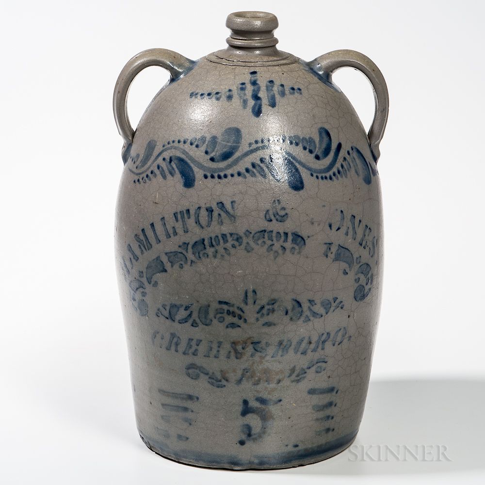 Appraisal: Five-gallon Cobalt-decorated Jug Five-gallon Cobalt-decorated Jug Hamilton Jones Greensboro Pennsylvania