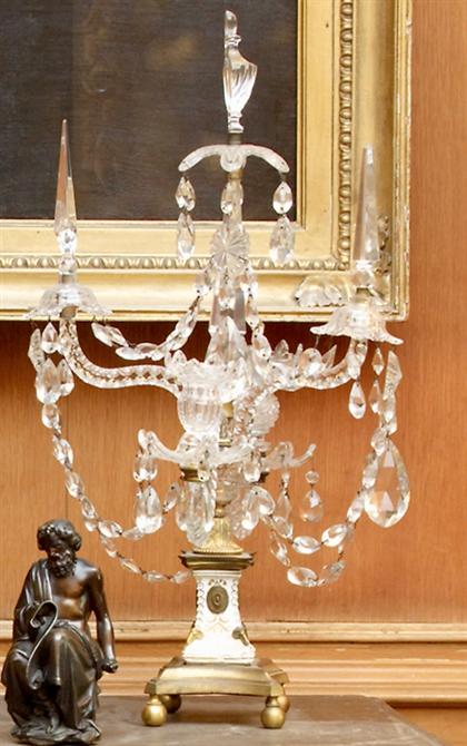 Appraisal: Pair of porcelain bronze and glass four arm candelabra th