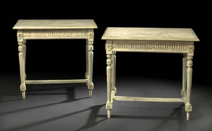 Appraisal: Pair of Louis XVI-Style Cream-Painted Beechwood and Marble-Top Center Tables