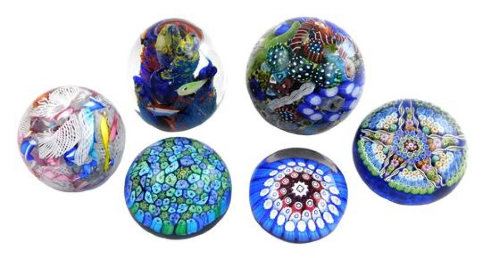 Appraisal: GLASS Six glass paperweights th C most with millefiori one