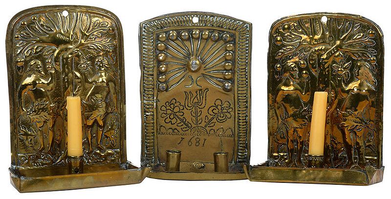 Appraisal: Three Continental Brass Repouss Wall Sconces Dutch possibly late th