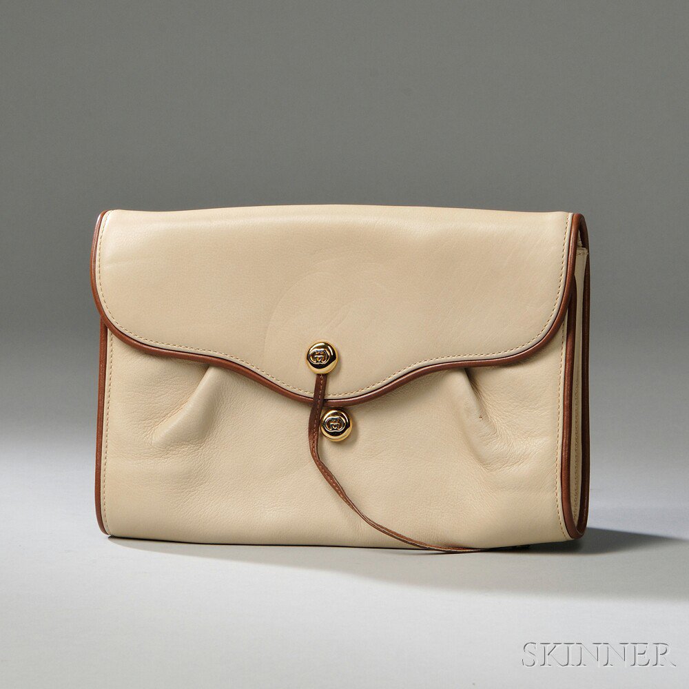 Appraisal: Gucci Beige Leather Clutch Purse with chocolate brown leather trim