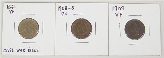 Appraisal: Three Better Date Indian Cents grades VF - Civil War