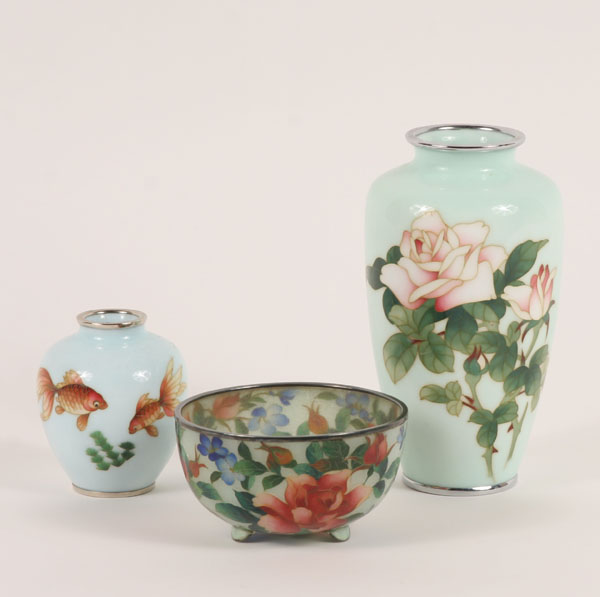 Appraisal: Japanese cloisonne vases and plique-a-jour bowl taller vase with flowers