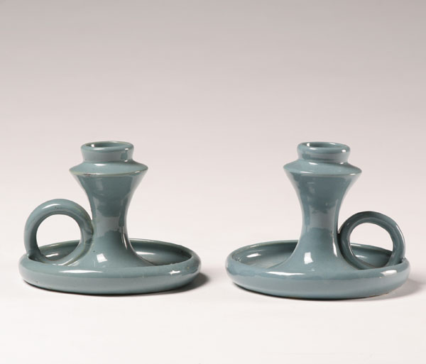 Appraisal: Pair Cornelison Bybee art pottery candlesticks in blue-grey H Good