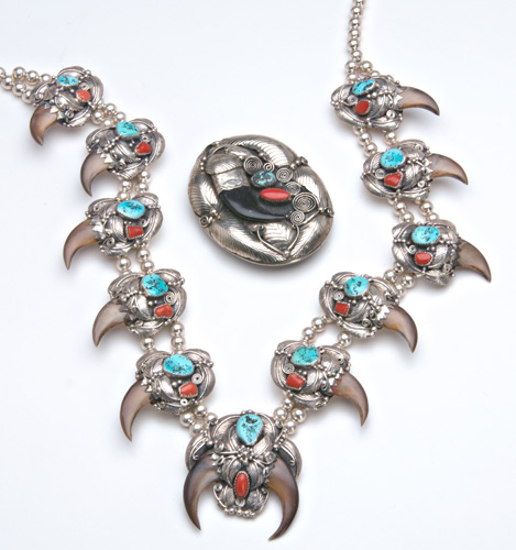 Appraisal: NAVAJO Elaborate bear claw red coral and turquoise silver necklace