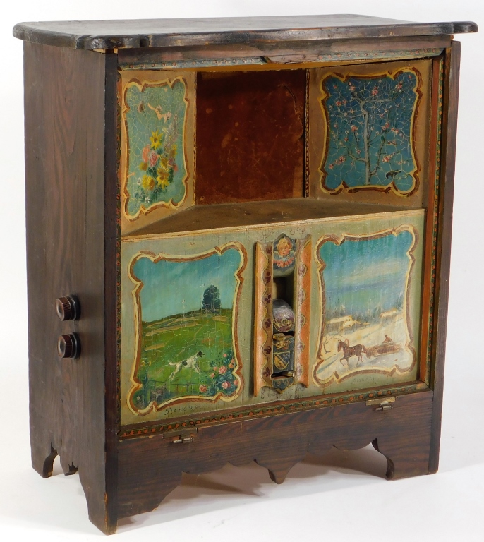 Appraisal: GERMAN FOLK PAINT DECORATED TABLETOP RADIO Germany Dark stained case