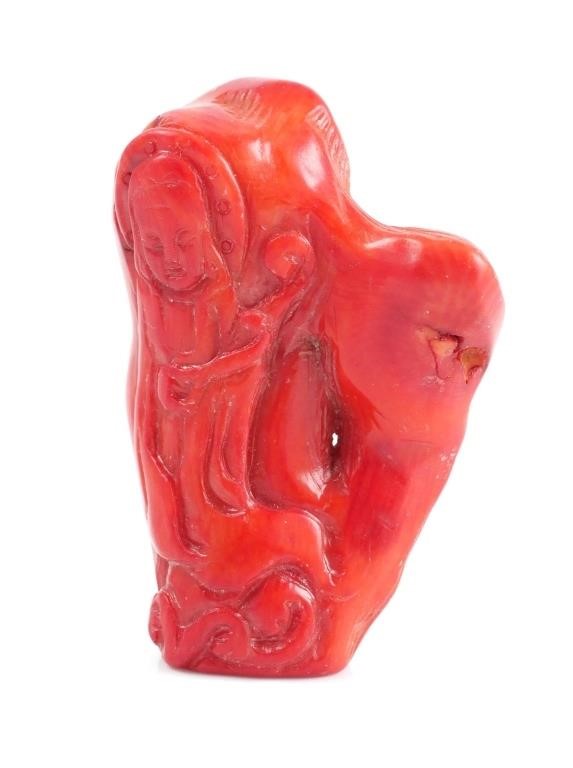 Appraisal: Red coral carved Chinese Buddha figure Coral sculpture measures approx