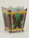 Appraisal: JARDINIERE - English Majolica tapered square jardiniere on feet shaped