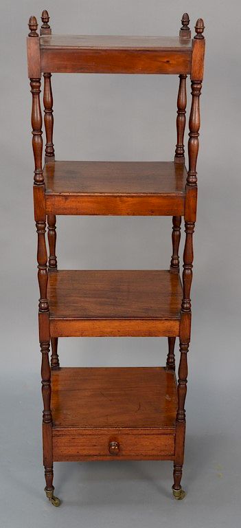 Appraisal: Mahogany four shelf etagere with drawer and acorn finials drawer