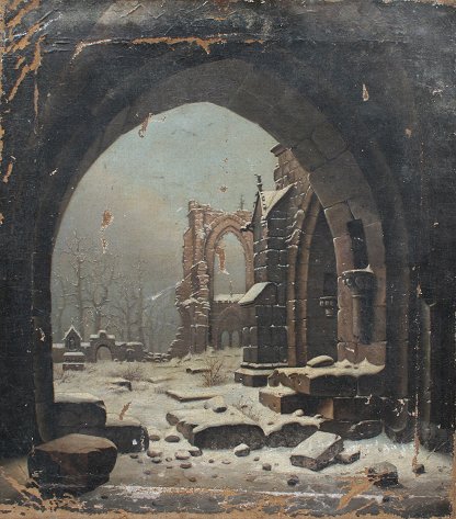 Appraisal: SNOWY CLOISTER RUINS EUROPEAN PAINTING In the style of Hasenpflug