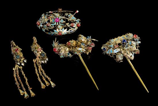 Appraisal: Sale Lot Five Gilt Metal and Cloisonne Hair Ornaments each