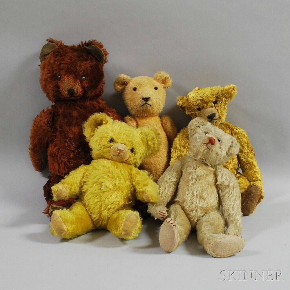 Appraisal: Five Assorted Vintage Mohair Teddy Bears including a blonde mohair