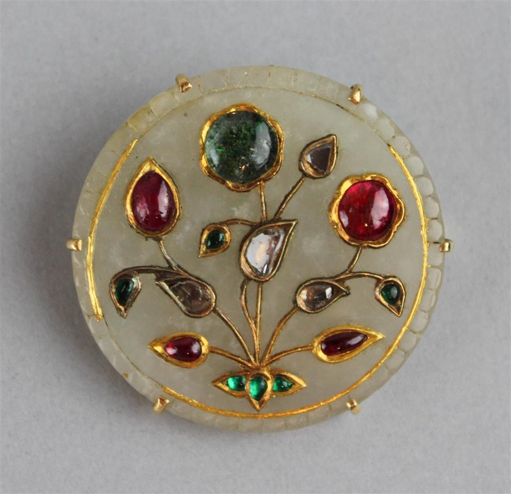 Appraisal: MUGHAL WHITE JADE PIN WITH BERYL HEAT TREATED RUBY DIAMOND