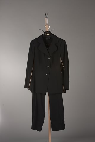 Appraisal: Akris Black wool crepe slacks suit with narrow pink inset