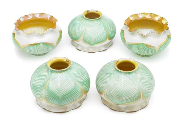 Appraisal: A group of five Quezal iridescent glass shades circa each