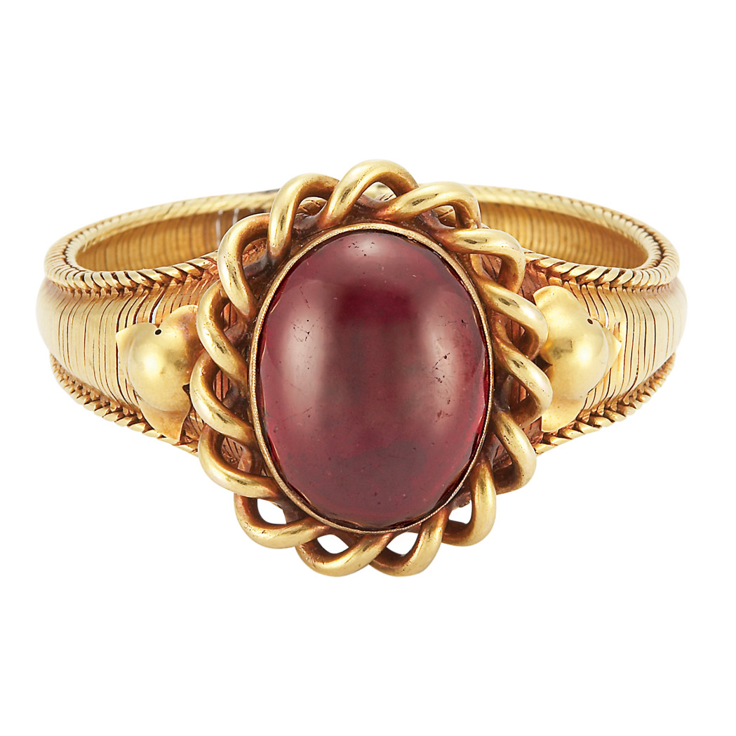 Appraisal: Antique Gold and Foiled-Back Cabochon Garnet Bracelet Centering one foiled-back