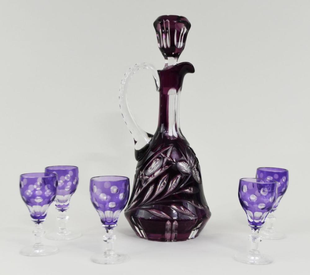 Appraisal: BOHEMIAN AMETHYST CUT TO CLEAR DECANTER WITH FIVE CORDIALS th