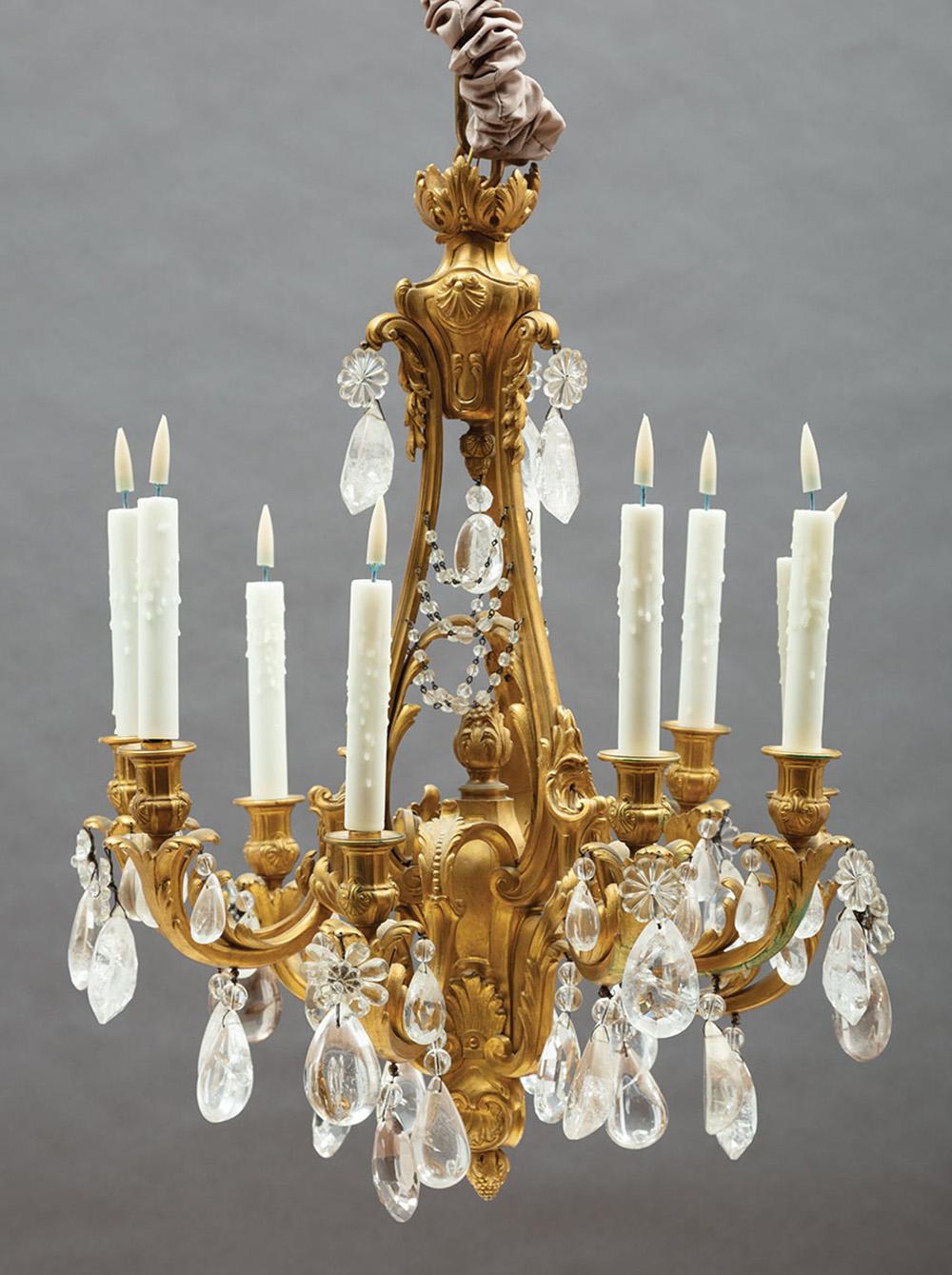 Appraisal: Louis XVI-Style Gilt Bronze Rock and Cut Crystal Nine-Light Chandelier