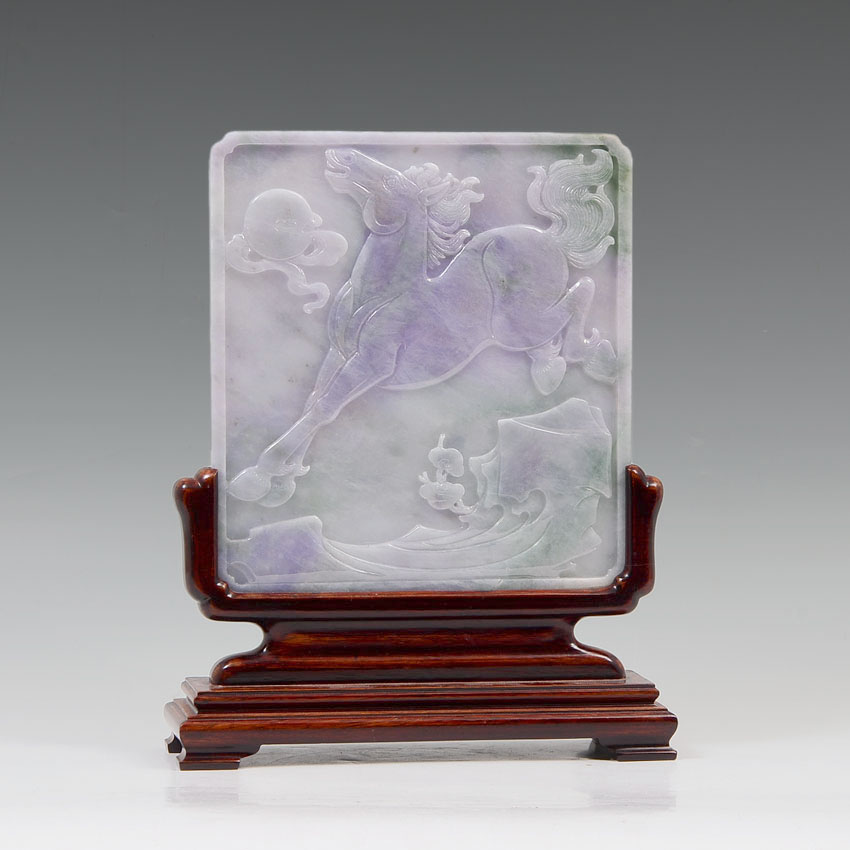 Appraisal: CHINESE CARVED LAVENDER JADEITE TABLE SCREEN Lavender apple green and