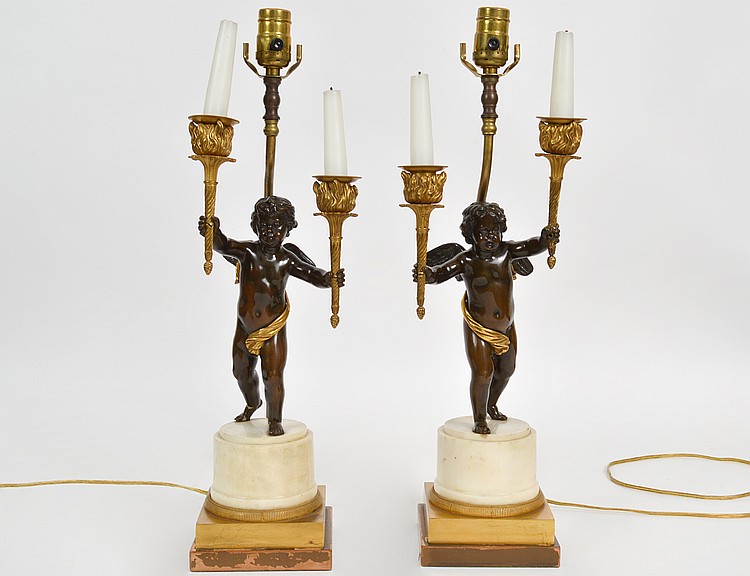 Appraisal: PAIR OF LOUIS XVI STYLE BRONZE MARBLE CANDELABRAMounted as lamps