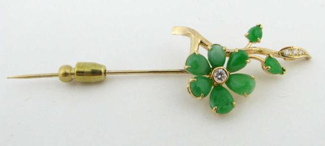 Appraisal: K Yellow Gold Jade and Diamond Lapel Pin