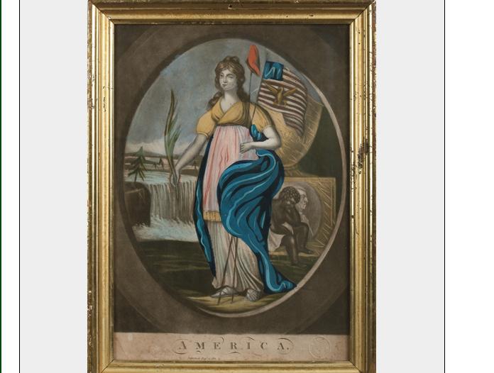 Appraisal: AMERICA HANDCOLORED MEZZOTINT Featuring Liberty holding an American flag and