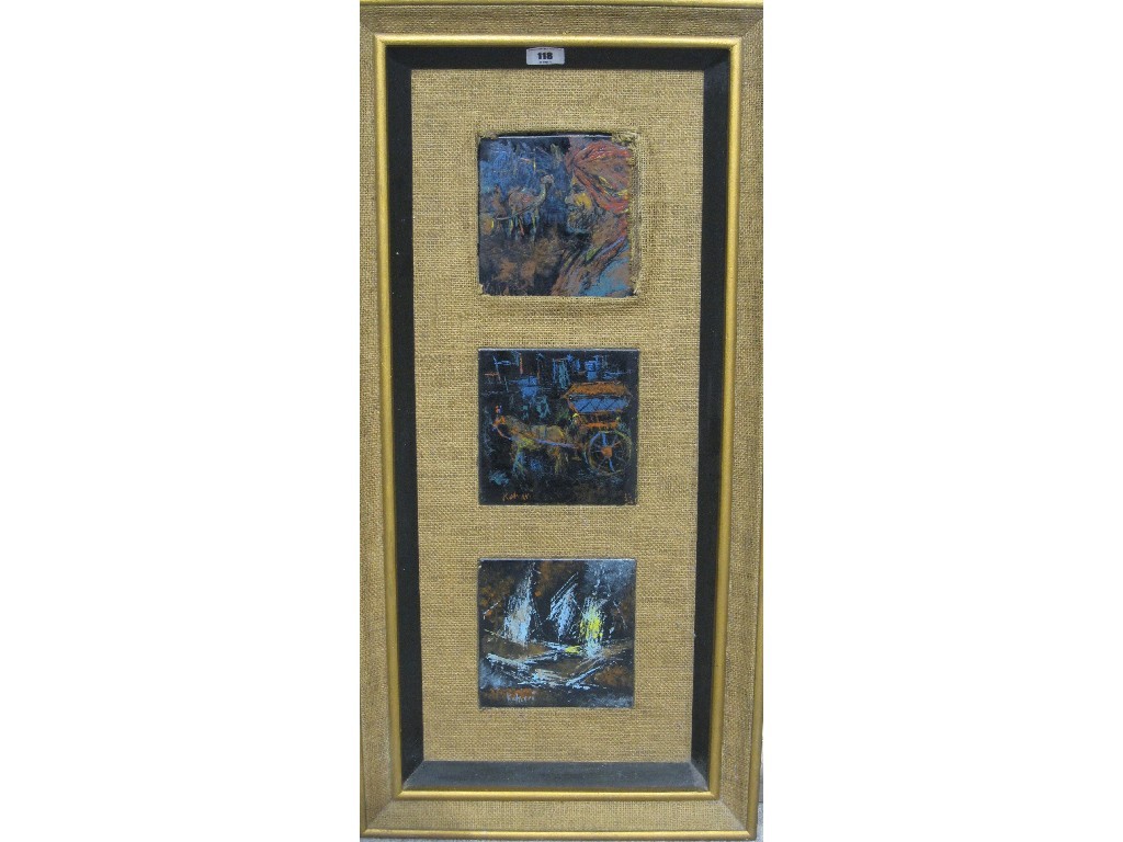 Appraisal: MASOOD KOHARI b Pair of framed suites of three pottery