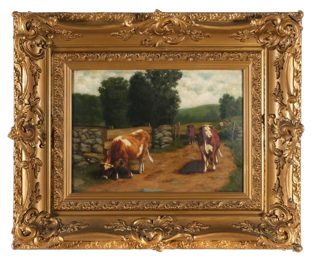 Appraisal: Oil on canvas painting of cows on a farm by