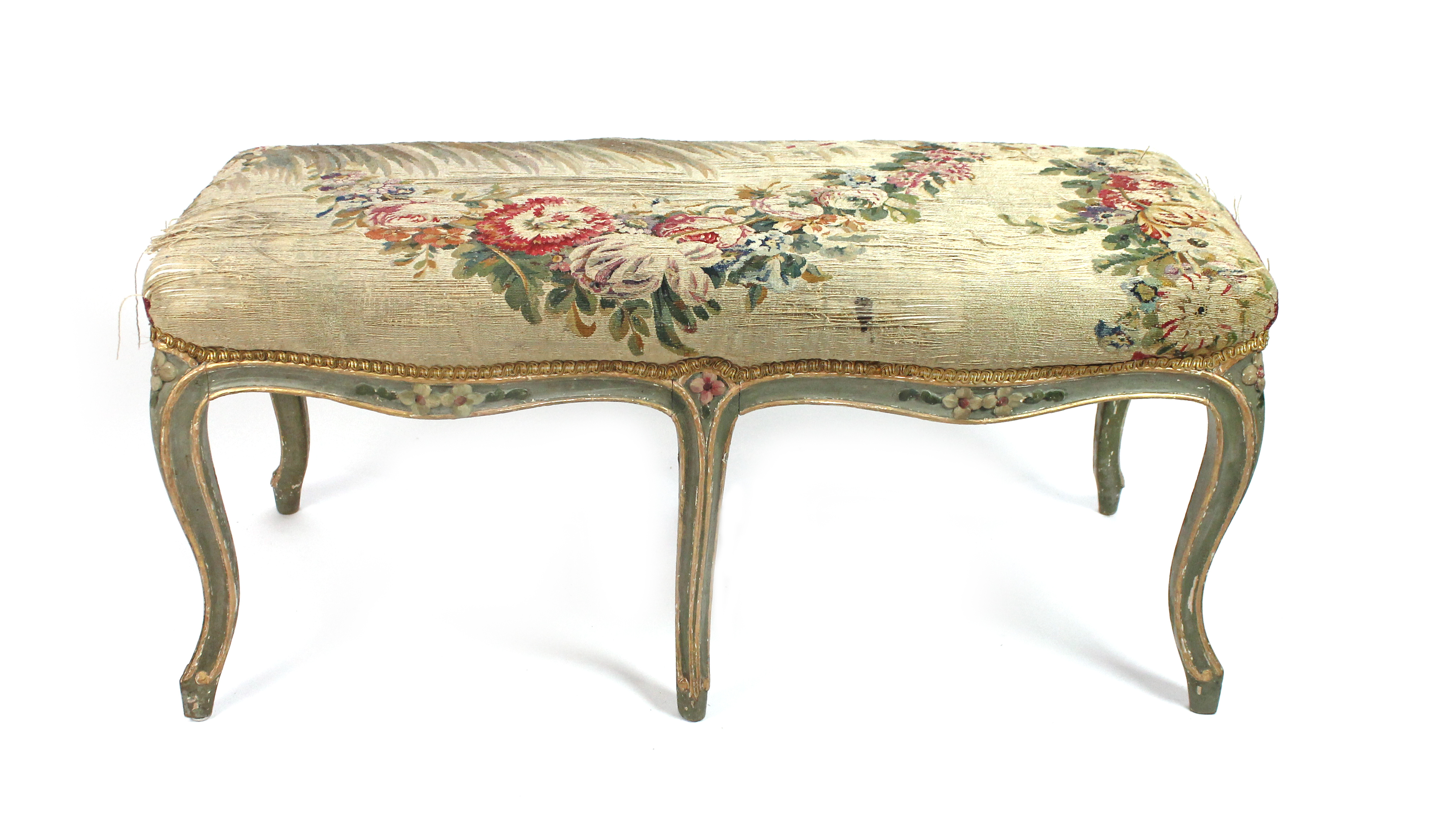 Appraisal: A Louis XV green and polychrome painted stool with tapestry