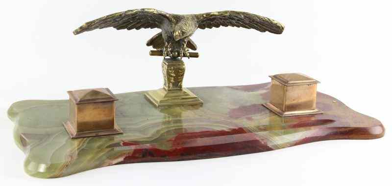 Appraisal: Large Decorative Desk Setshaped rectangular marble base with dramatic coloring