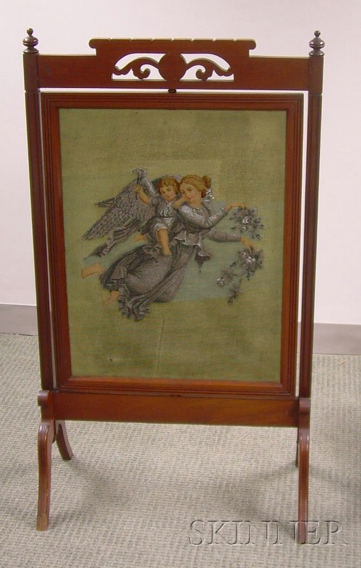 Appraisal: Late Victorian Carved Mahogany Firescreen with Beaded Needlepoint Panel Depicting