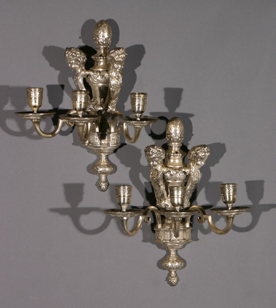 Appraisal: Pair of American Neoclassical Style Silvered Bronze Three-Light Wall Appliqu