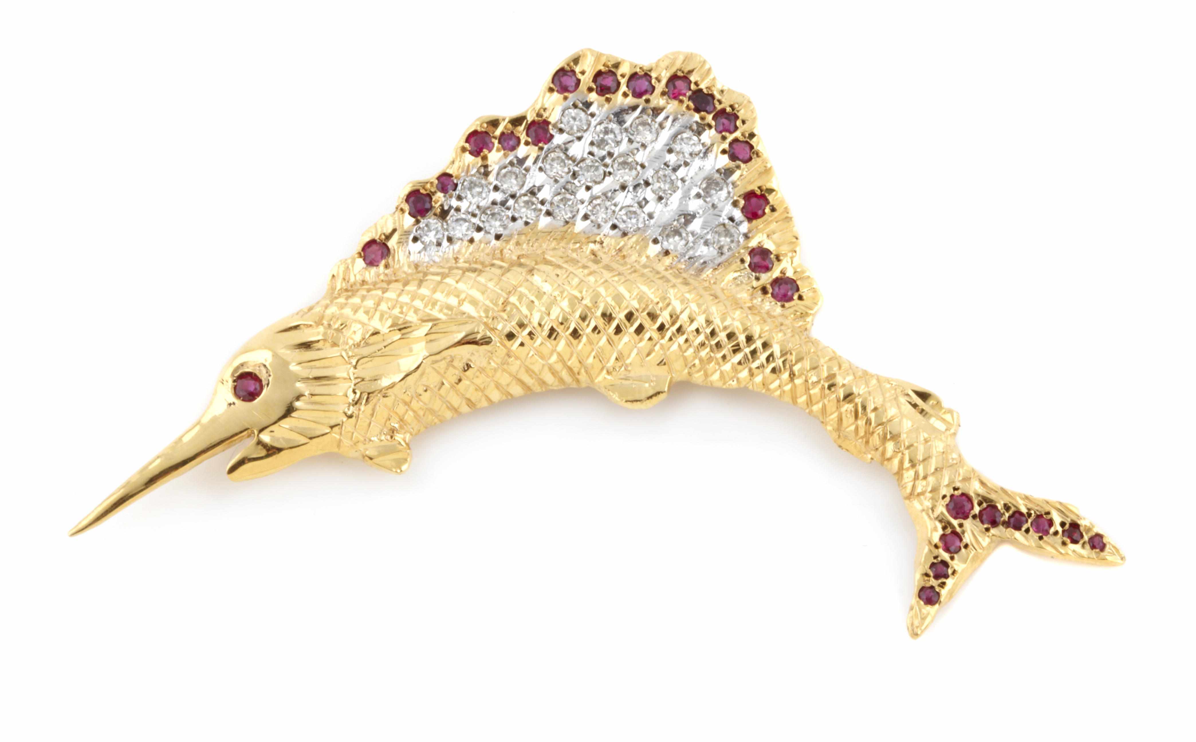 Appraisal: A diamond ruby and gold swordfish brooch g gross