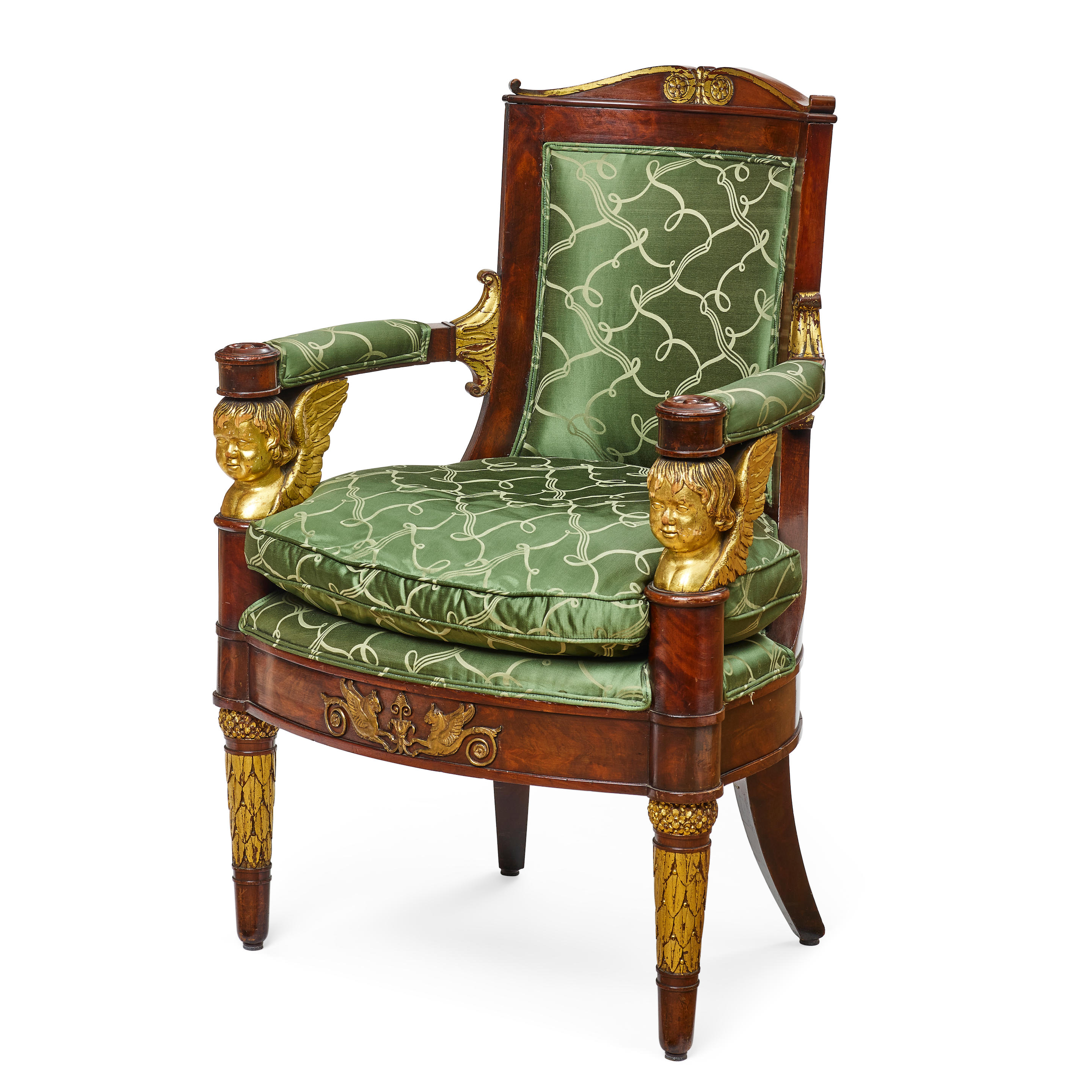 Appraisal: A CONTINENTAL NEOCLASSICAL STYLE PARCEL GILT MAHOGANY ARMCHAIRFIRST QUARTER TH