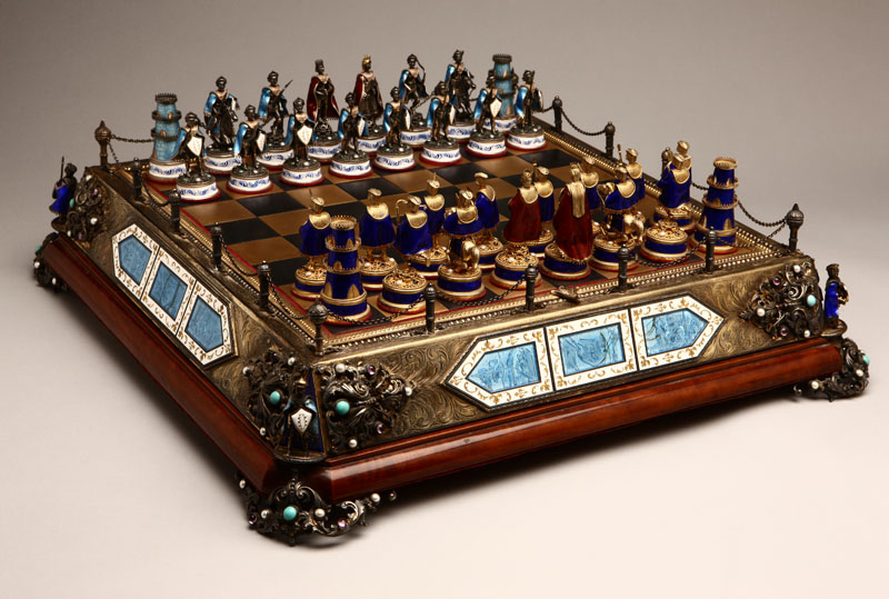 Appraisal: An Austro-Hungarian enameled parcel-gilt silver and stone-inset chess set Late