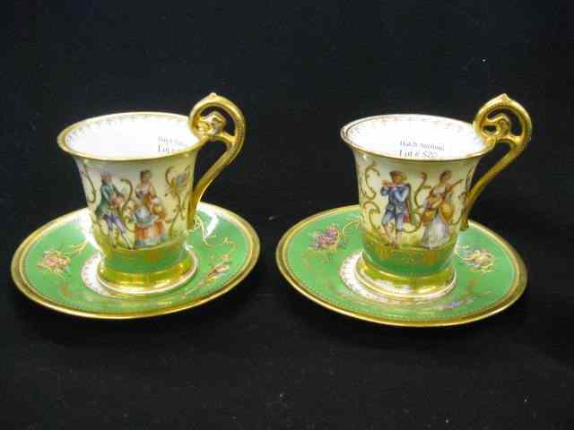 Appraisal: Pair of Dresden Porcelain Cups Saucers handpainted courting scenes and