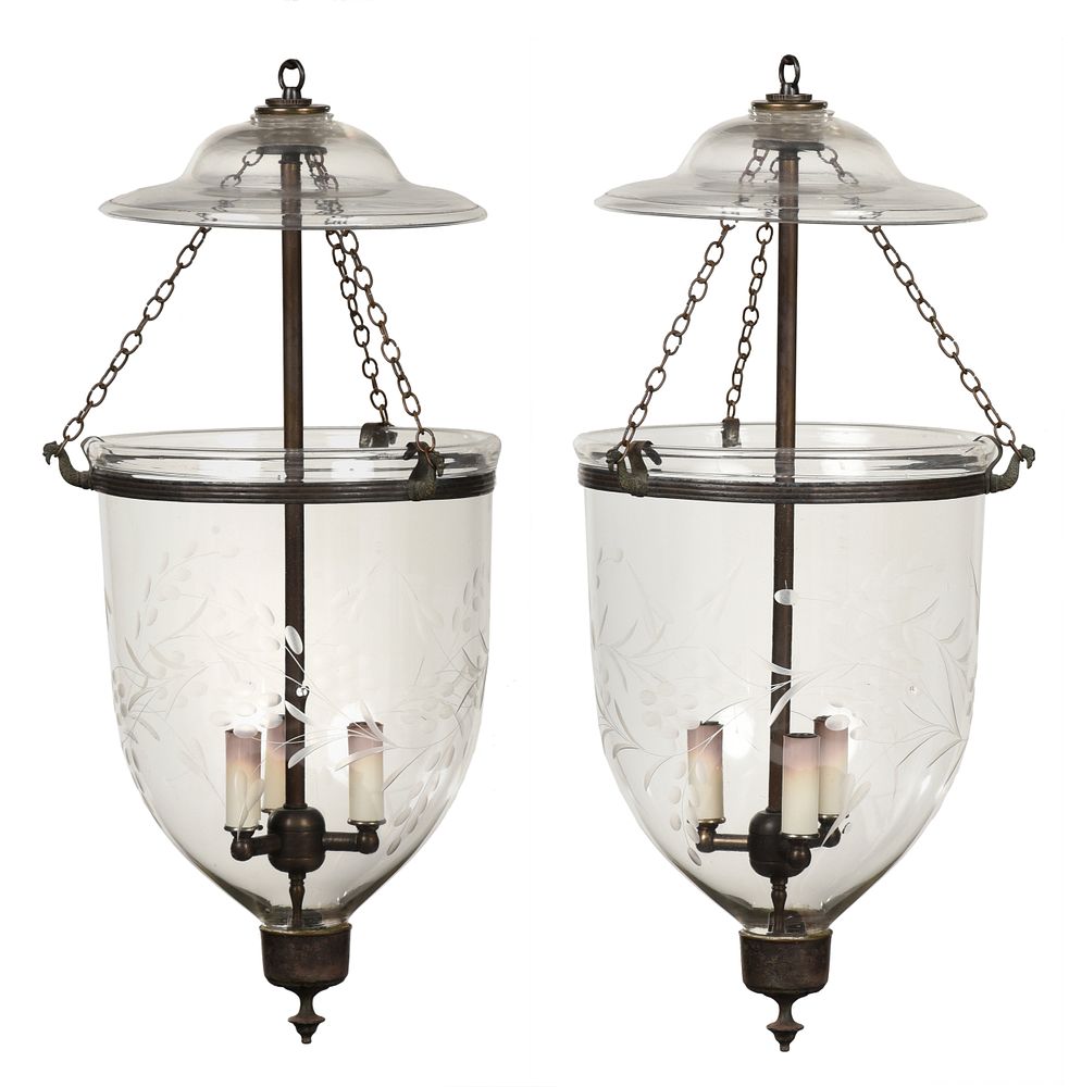 Appraisal: Near Pair Neoclassical Glass and Brass Hall Lanterns probably British