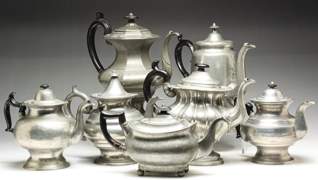 Appraisal: SEVEN AMERICAN AND ENGLISH PEWTER TEAPOTS Nineteenth century Four unmarked