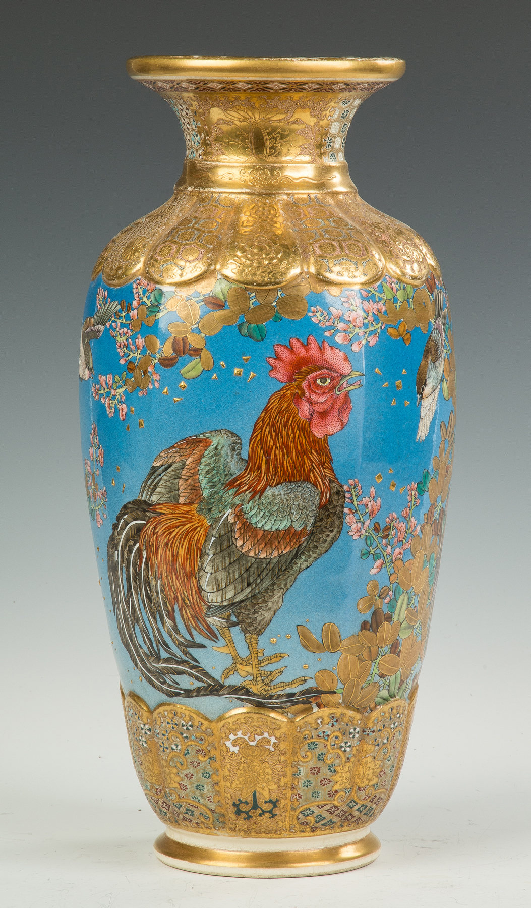 Appraisal: Japanese Satsuma Vase with Rooster Chickens Birds and Floral Landscape