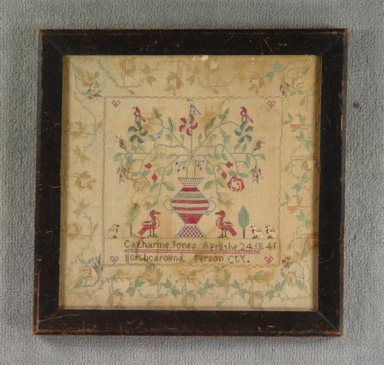 Appraisal: North Carolina Sampler Silk floss on linen Signed Catherine Jones