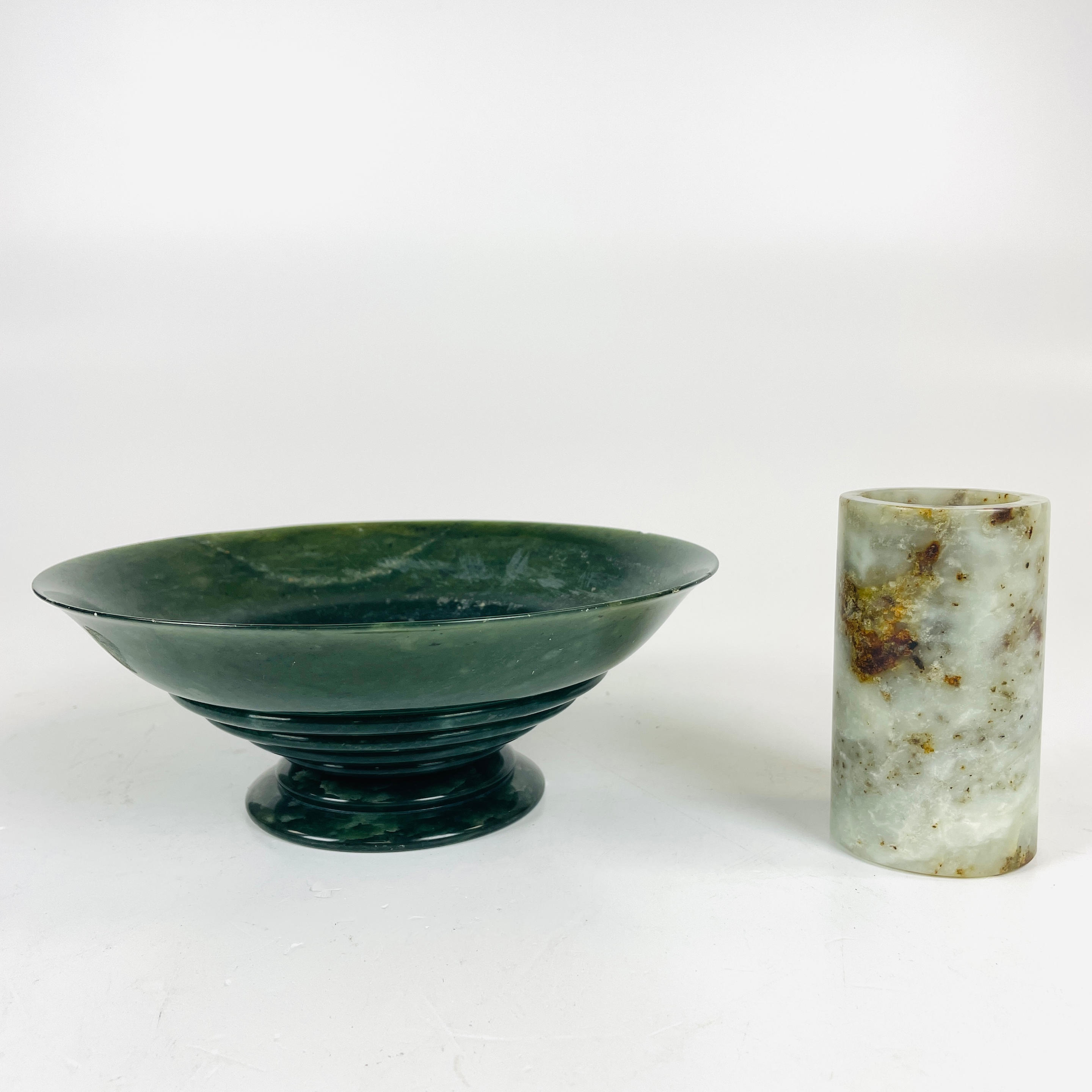 Appraisal: HARDSTONE FOOTED DISH AND BRUSH HOLDER China th century the