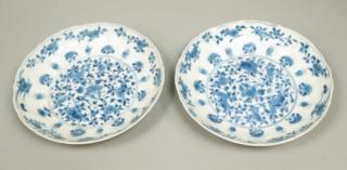 Appraisal: Pr Antique Chinese Blue White Pottery Low Bowls Pr Antique